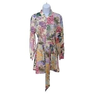 Zara tropical print linen mini dress LS size small